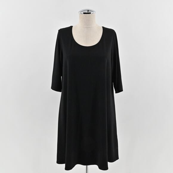 Eileen‎ Fisher Black Shirt Dress Size L Jersey Elbow Sleeve Scoop Neck Relaxed - Picture 1 of 13